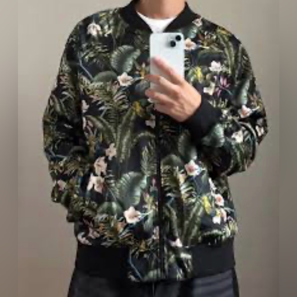 H & M Satin Floral Print& Black reversible Bomber Jacket - Black and Green